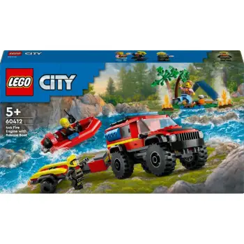 Set ndërtimi LEGO City 4x4 Kamion Zjarri me Varkë Shpëtimi 301 pjesë, multingjyrësh