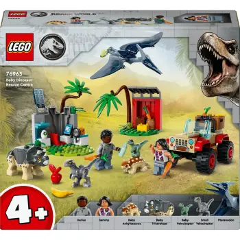 Set lodrash LEGO Jurassic World 76963 Baby Dinosaur Rescue Centre, me dinosaurë dhe makinë, shumëngjyrësh