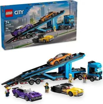 Set LEGO CITY 60408 kamion transportues makinash me makina sportive, 4 minifigura