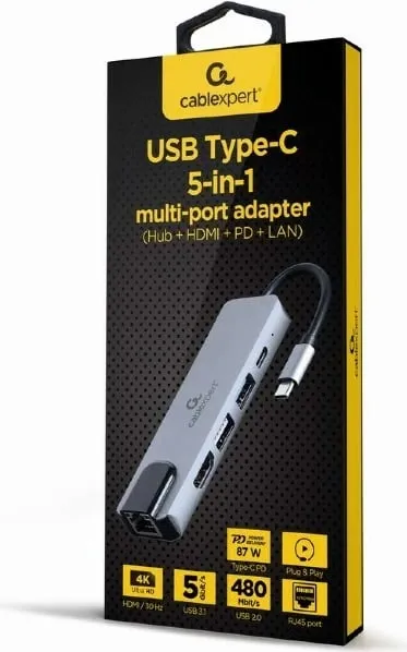 Përshtatës Gembird USB-C Multiport 5-in-1, i argjendtë - 2