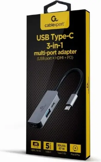 Dock station Gembird 3in1 (A-CM-COMBO3-02), USB-C Station, 1x HDMI, 1x USB 3.0, USB-C, i hirtë