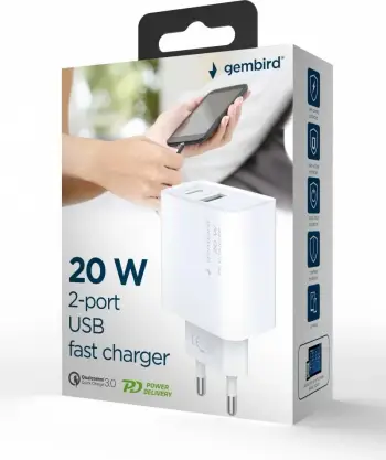 Karikues Gembird me USB-A / USB-C, 20W, e bardhë
