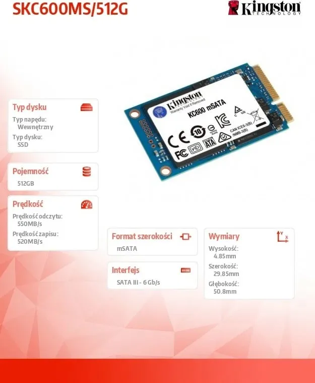 Disk SSD Kingston KC600MS, 512GB, mSATA, SATA III - 6