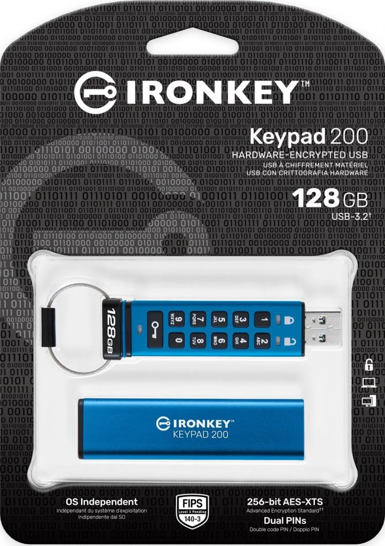 USB Pendrive Kingston IronKey Keypad 200, 128GB, i kaltër - 6