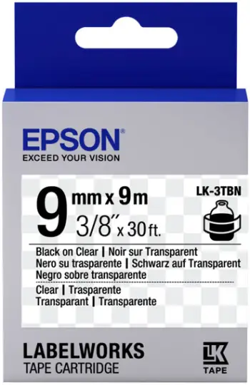 Shirit për printer etiketash Epson LabelWorks LK-3TBN 9mm, 9m, i zi/ transparent