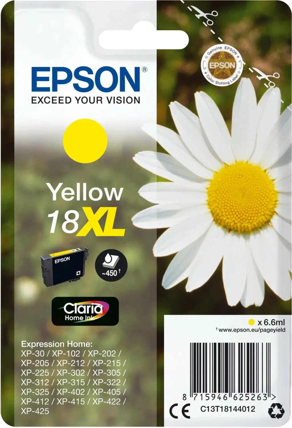 Ngjyrë për printer Epson Claria Home, 450 faqe, 18XL, e verdhë - 1