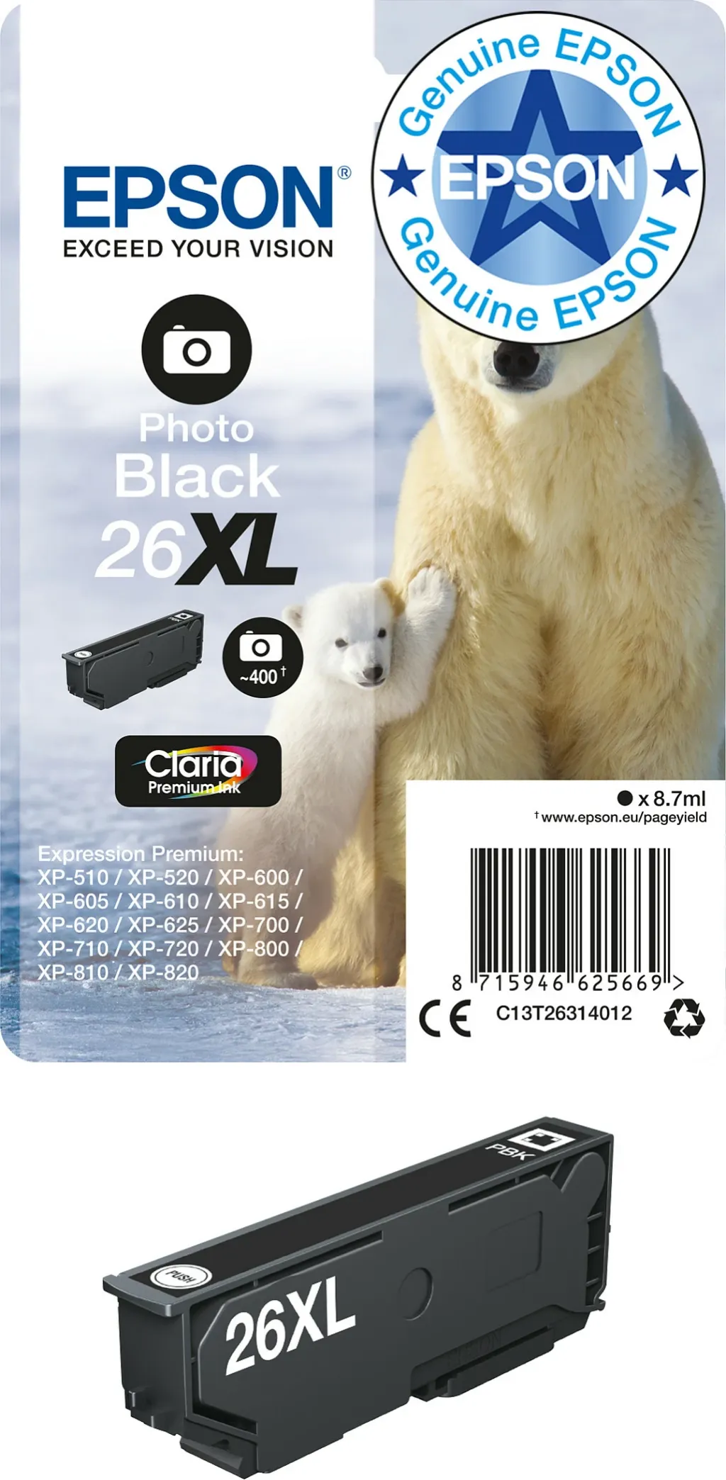 Ngjyrë Epson Singlepack 26XL Claria Prem Ink, e zezë - 2