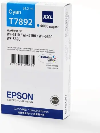 Ngjyrë për printer Epson WF-5xxx Series T7892, 34.2ml, XXL, e kaltër