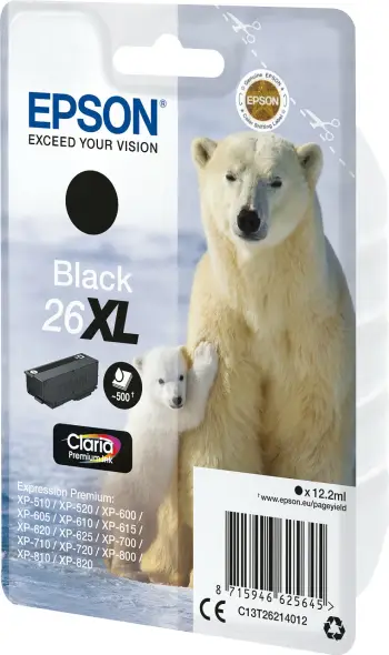Ngjyrë për printer Epson Claria Premium Ink, 26XL, 500 faqe, e zezë