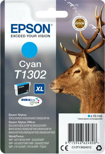 Ngjyrë për printer Epson Singlepack Cyan T1302 DURABrite Ultra Ink, 10.1ml, e kaltër
