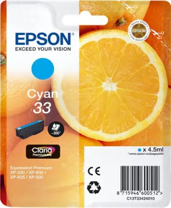 Fishekë boje Epson Cyan 33 (C13T33424010), e kaltër