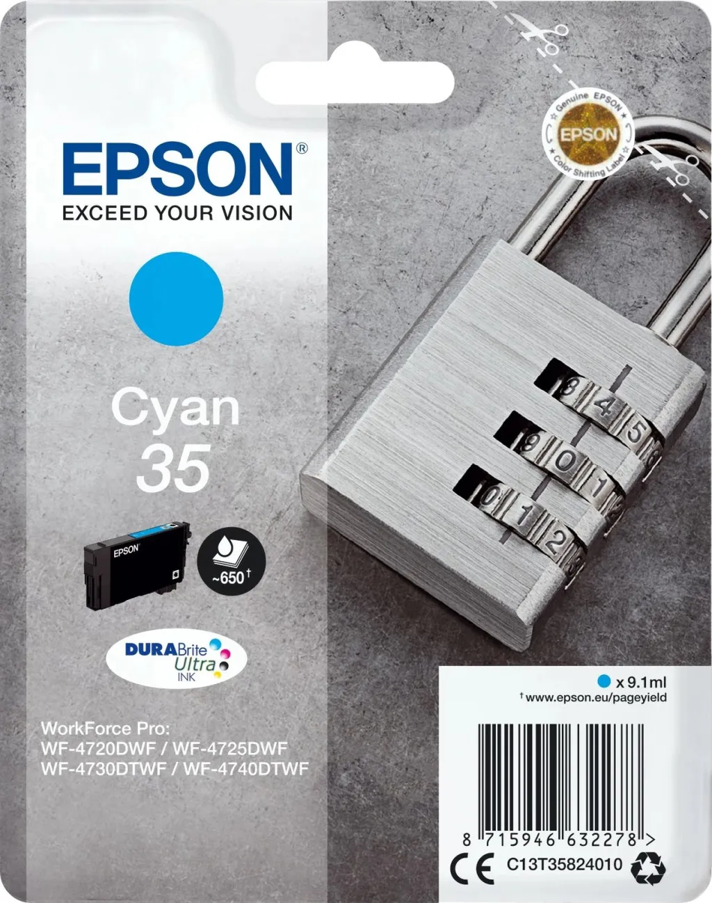 Toner Epson DURABrite Ultra Ink 35, Cyan, 9.1ml, 650 faqe - 1