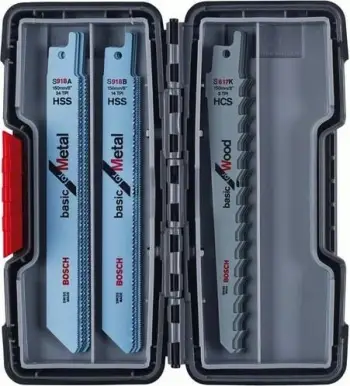 Set tehësh për sharrë sabre Bosch Basic ToughBox, 15 copë, për dru/metal, me kuti ruajtëse, zi/gri