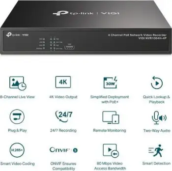 Regjistrues video rrjeti (NVR), TP-Link, VIGI NVR1004H-4P, 4 kanale PoE, e zezë