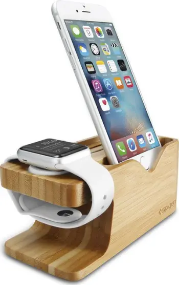 Mbajtëse Spigen S370 për Apple Watch dhe iPhone, kompakte, pamje dru, kafe