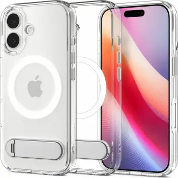 Kutia mbrojtëse Spigen Ultra Hybrid S MagFit për iPhone 17, me kickstand, kompatibile me MagSafe, e bardhë transparente
