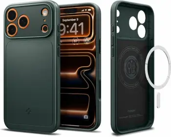 Mbështjellës Spigen Thin Fit MagSafe për iPhone 17 Pro/17 Pro Max, polikarbonat i hollë, unazë magnetike MagSafe, jeshile