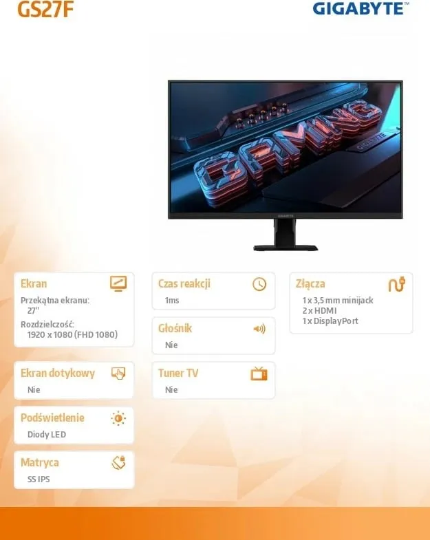 Monitor Gigabyte GS27F computer, 27", 1920 x 1080, 165 Hz, i zi - 9