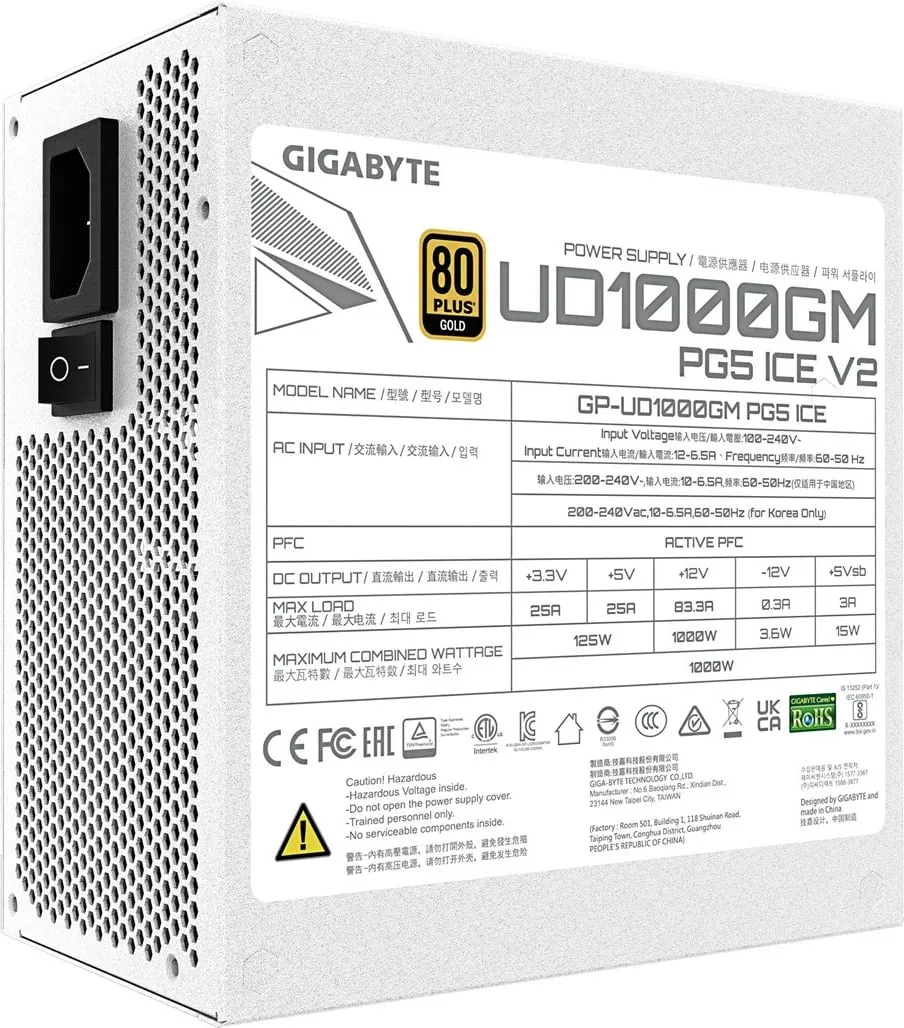 Kasë Gigabyte UD1000GM PG5 ICE, 1000W, 80 PLUS Gold, e bardhë - 6