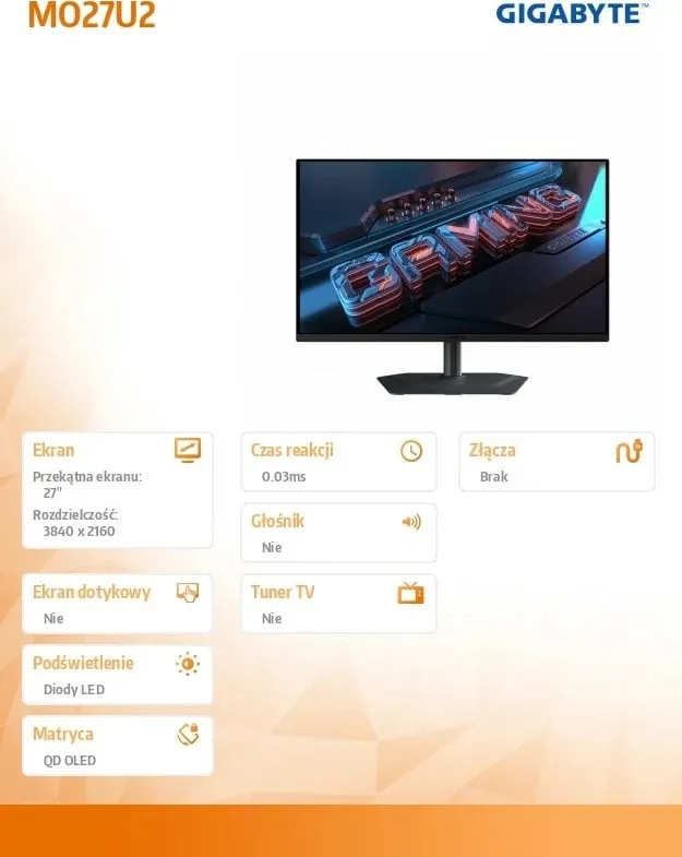 Monitor GIGABYTE MO27U2, 27’, OLED 4 UHD, 240Hz, i zi - 7
