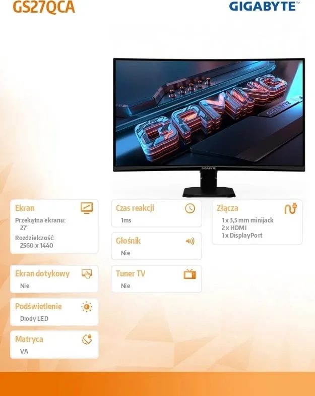 Monitor kompjuteri GIGABYTE GS27QCA, 27", Quad HD 2560 x 1440, i zi - 10