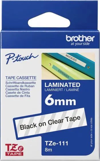 Kasetë etiketuese Brother TZe-111, 6mm, tekst i zi në sfond transparent, 8m
