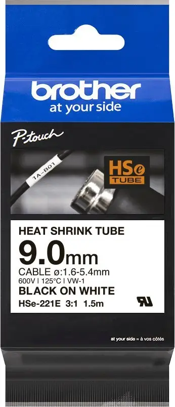 Shirit termokurthyes Brother HSE-221E, 9mm, tekst i zi në sfond të bardhë
