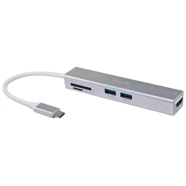 Adapter USB-C 5-n-1 Equip, HDMI 4K, 2x USB 3.2, Lexues kartelash, argjendtë - 1