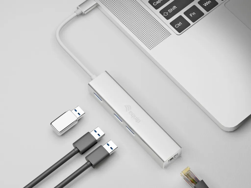 USB-C hub Equip 133481, 3 porte USB 3.0, Gigabit Ethernet, alumini, silver - 2