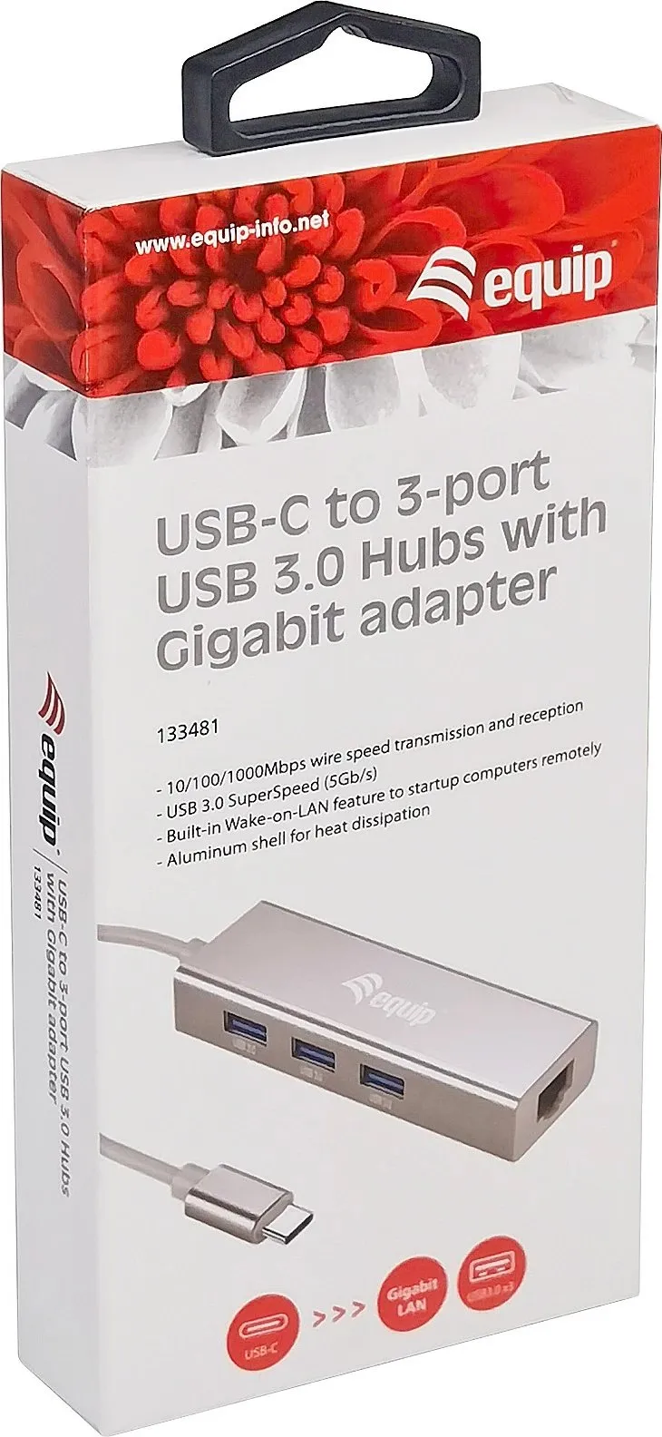 USB-C hub Equip 133481, 3 porte USB 3.0, Gigabit Ethernet, alumini, silver - 8