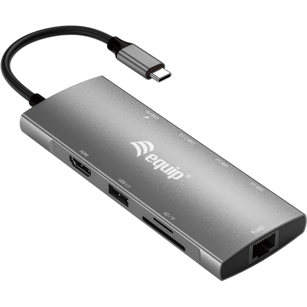 Adapter multifunksional USB-C 5-në-1 Equip, HDMI, USB 3.2 Gen1, 100W PD, alumini, zi/gri - 1