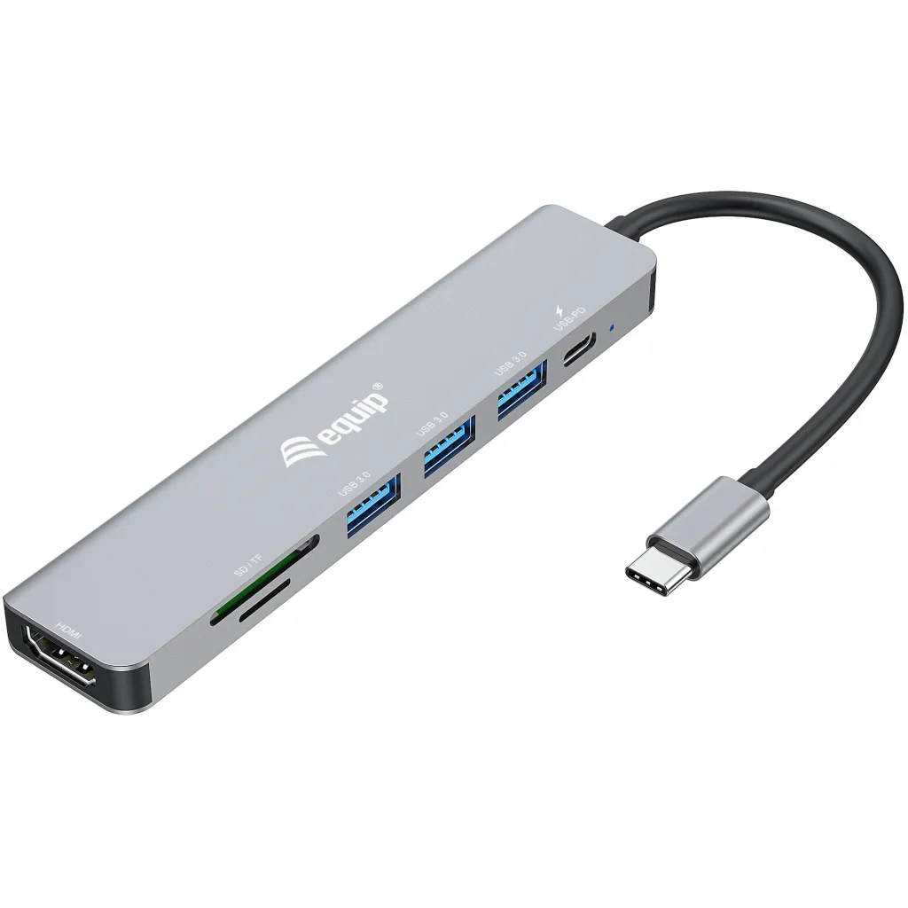 Adapter multifunksional USB-C 7-në-1 Equip 133494, HDMI 4K/60Hz, 3x USB 3.2, SD/MicroSD, 100W, argjendtë - 1