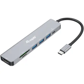 Adapter multifunksional USB-C 7-në-1 Equip 133494, HDMI 4K/60Hz, 3x USB 3.2, SD/MicroSD, 100W, argjendtë