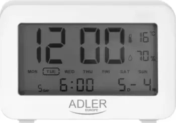 Orë alarmi Adler AD 1196W, ekran i ndriçuar, matje temperature dhe lagështie, e bardhë