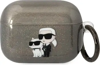 Mbulesë Karl Lagerfeld KLAPHNKCTGK për AirPods Pro, koleksioni Glitter Karl and Choupette, e zezë me shkëlqim