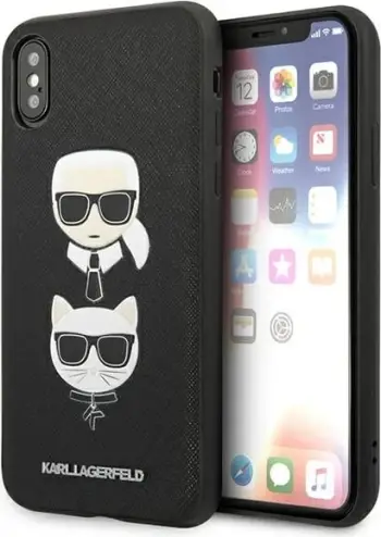 Mbulesë telefoni Karl Lagerfeld KLHCPXSAKICKCBK, për iPhone X XS, hardcase Saffiano Ikonik Karl dhe Choupette, e zezë
