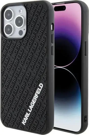 Kalle telefoni Karl Lagerfeld KLHCP15X3DMKRLK për iPhone 15 Pro Max, hardcase 3D Rubber Multi Logo, e zezë