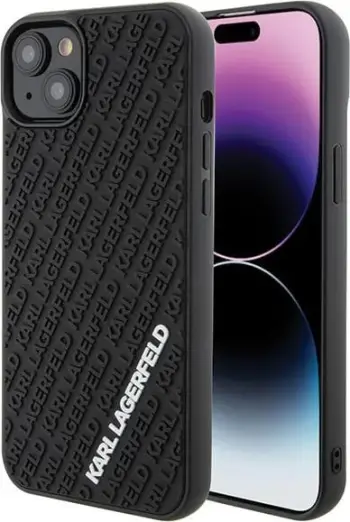 Mbështjellës Karl Lagerfeld 3D Rubber Multi Logo për iPhone 15, i zi