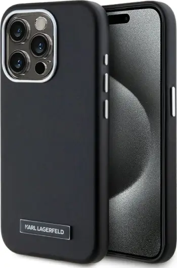 Mbështjellës Karl Lagerfeld FW Metal Plate MagSafe për iPhone 15 Pro, i zi