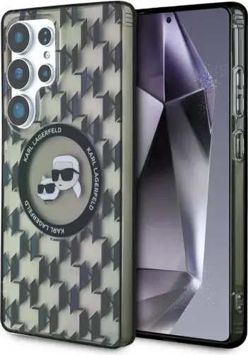 Mbështjellës Karl Lagerfeld Button Karl & Choupette Heads On KL Pattern MagSafe për Samsung Galaxy S25 Ultra, zi
