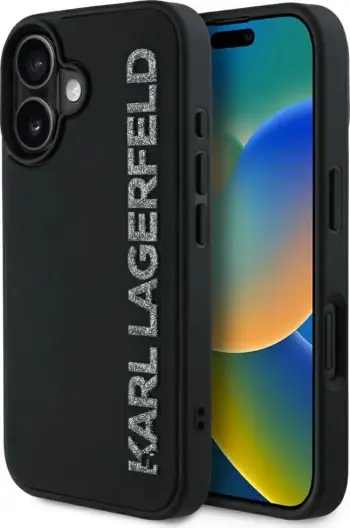 Mbështjellës Karl Lagerfeld HC 3D Rubber Elongated Glitter për iPhone 16, i zi