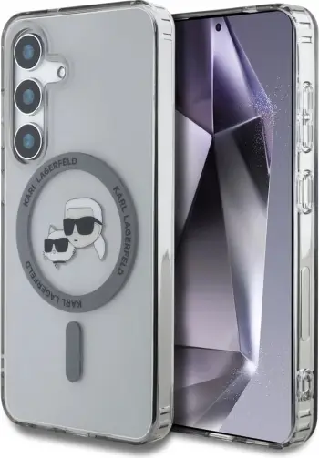 Mbështjellës Karl Lagerfeld Button Karl & Choupette Heads Printed Logo MagSafe për Samsung Galaxy S25 Plus, bardhë