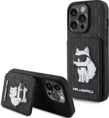 Mbështjellës Karl Lagerfeld Saffiano Cardslots & Stand Monogram Choupette për iPhone 15 Pro Max, i zi