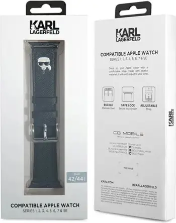 Rrip për Apple Watch Karl Lagerfeld KLAWLOKHK, Ikonik Saffiano, lëkurë artificiale, i zi, 42/44/45mm