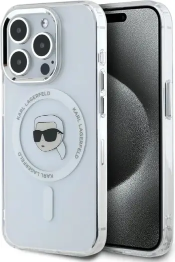 Mbështjellës Karl Lagerfeld IML Metal Karl Head MagSafe për iPhone 15 Pro Max, Bardhë