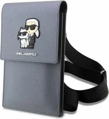 Çantë telefoni Karl Lagerfeld Saffiano Karl & Choupette, argjendtë
