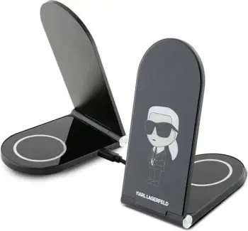 Karikues induktiv Karl Lagerfeld Ikonik MagSafe 2-në-1, 15W, i zi, palosshëm
