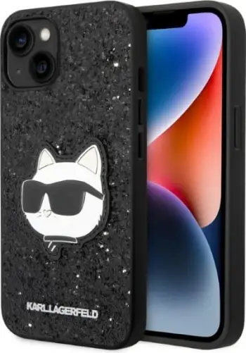 Kapak telefoni Karl Lagerfeld Puffy Elongated Logo për iPhone 14 Plus, lëkurë natyrale, i zi