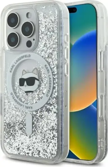 Mbështjellës Karl Lagerfeld Liquid Glitter Karl Head MagSafe për iPhone 16 Pro, Transparent