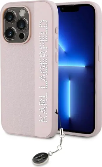 Mbështjellës Karl Lagerfeld Saffiano Rhinestones & Charm për iPhone 15 Pro Max, i zi